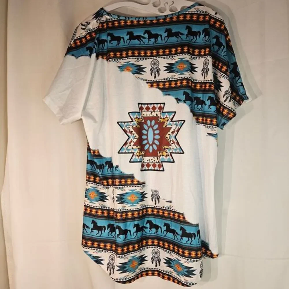 Western native Aztec Print Women Fashion V‎ Neck Ethnic T-Shirt - Picture 3 of 6